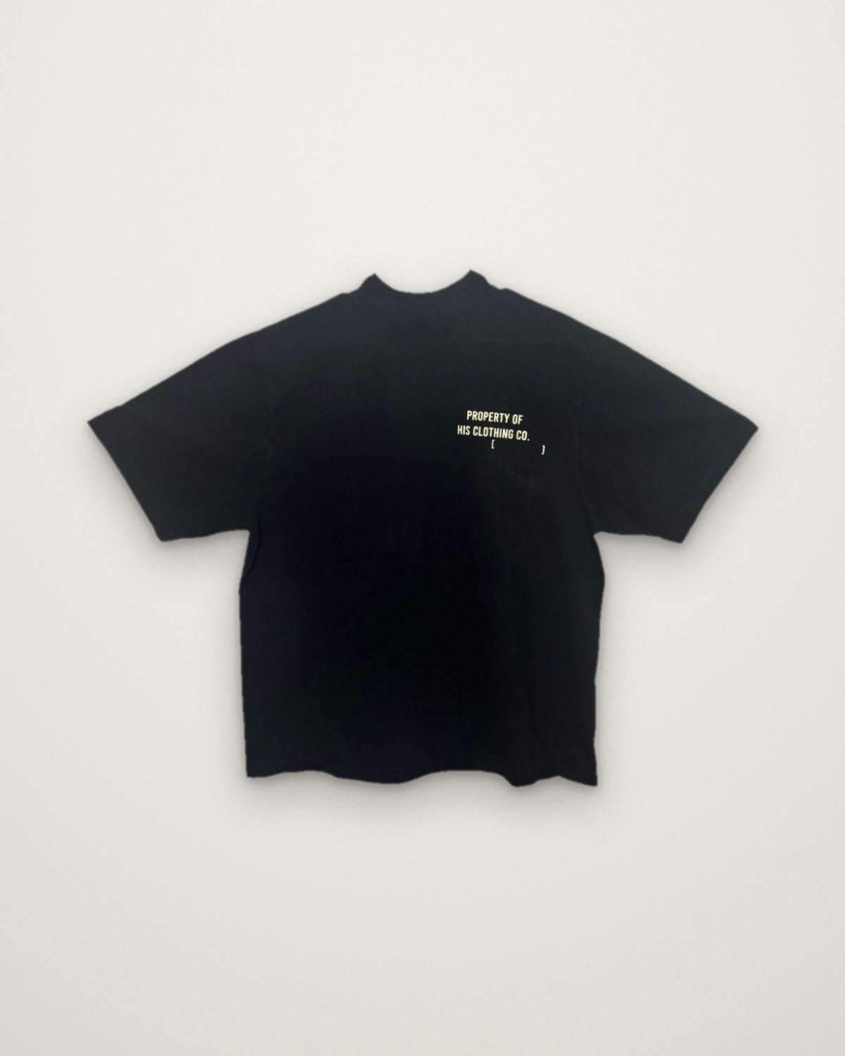 His Shirt, front: black with cream PROPERTY OF HIS CLOTHING CO. chest print