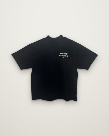 His Shirt, front: black with cream PROPERTY OF HIS CLOTHING CO. chest print
